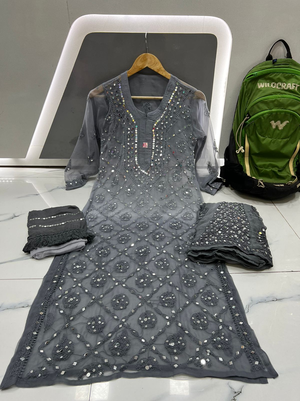 All-Over Mirror Embellished Chikankari Suit