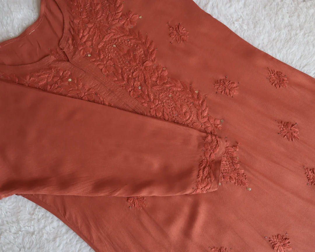 Rust Mukaish Chikankari Kurta