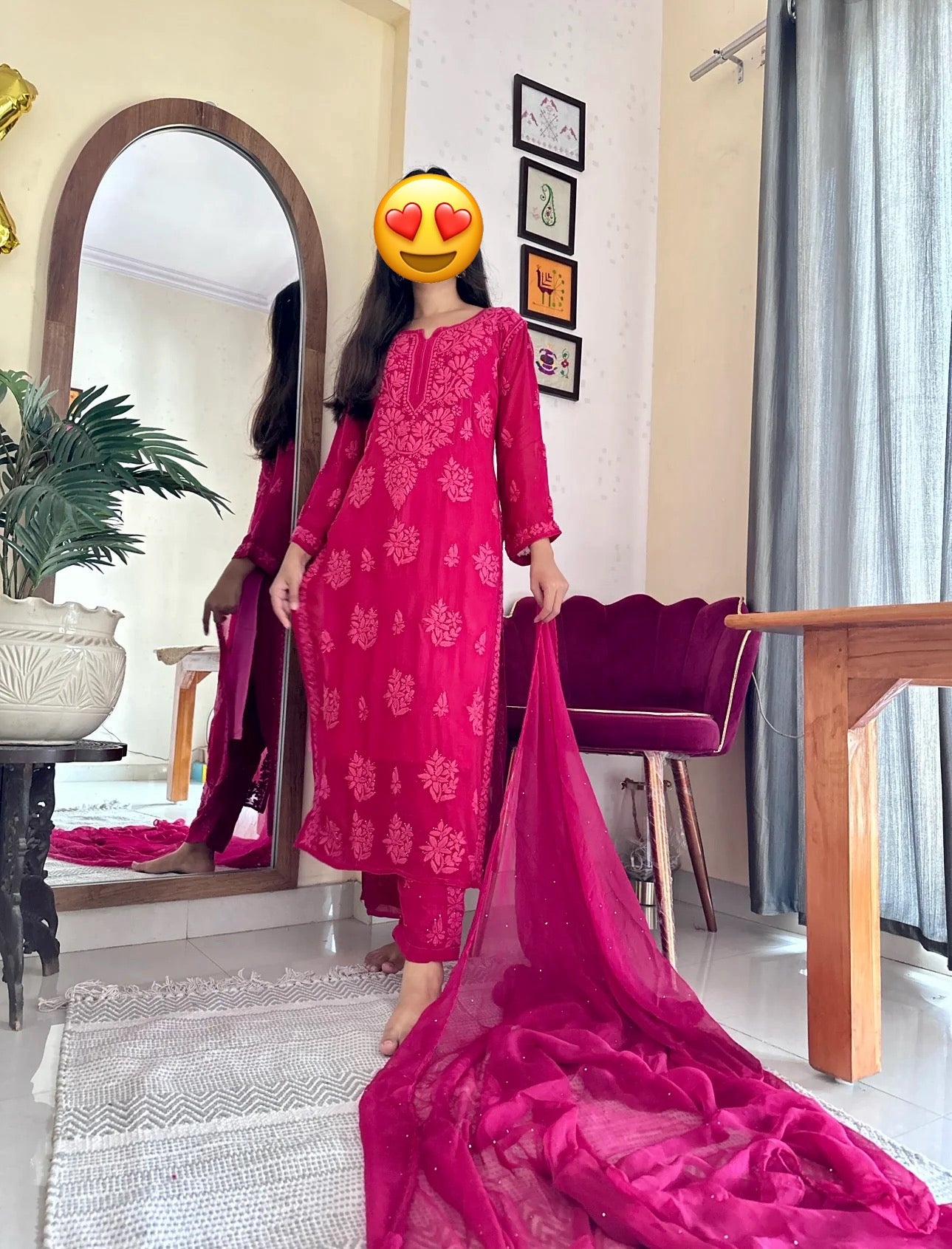 Magenta 3D Chikankari Kurta