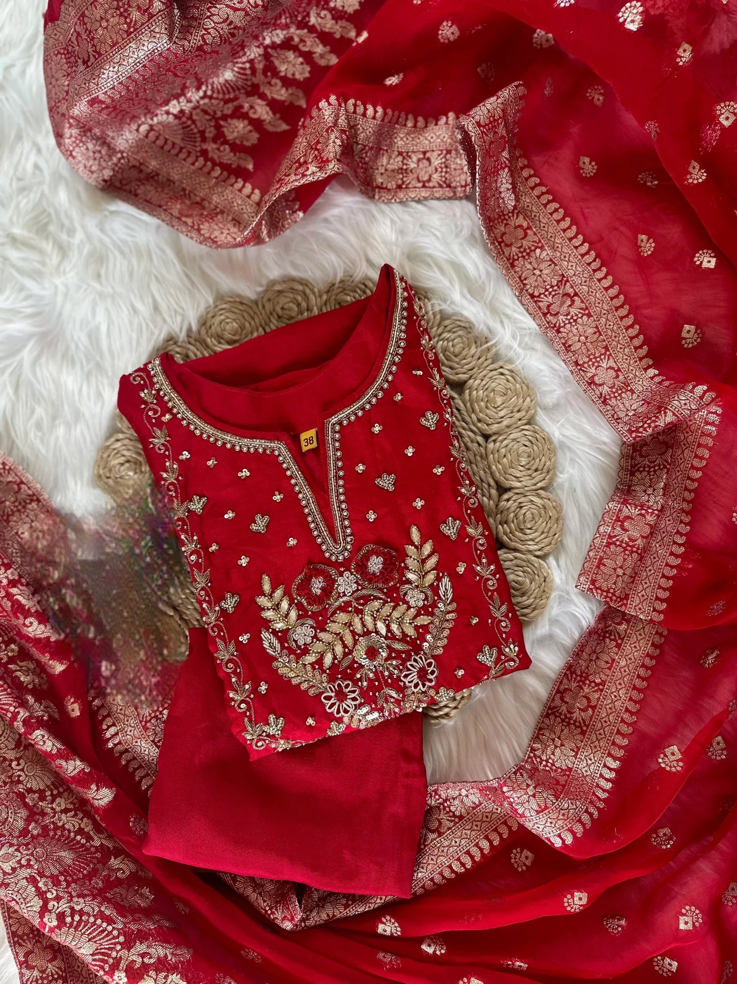 Red Handwork Silk Suit