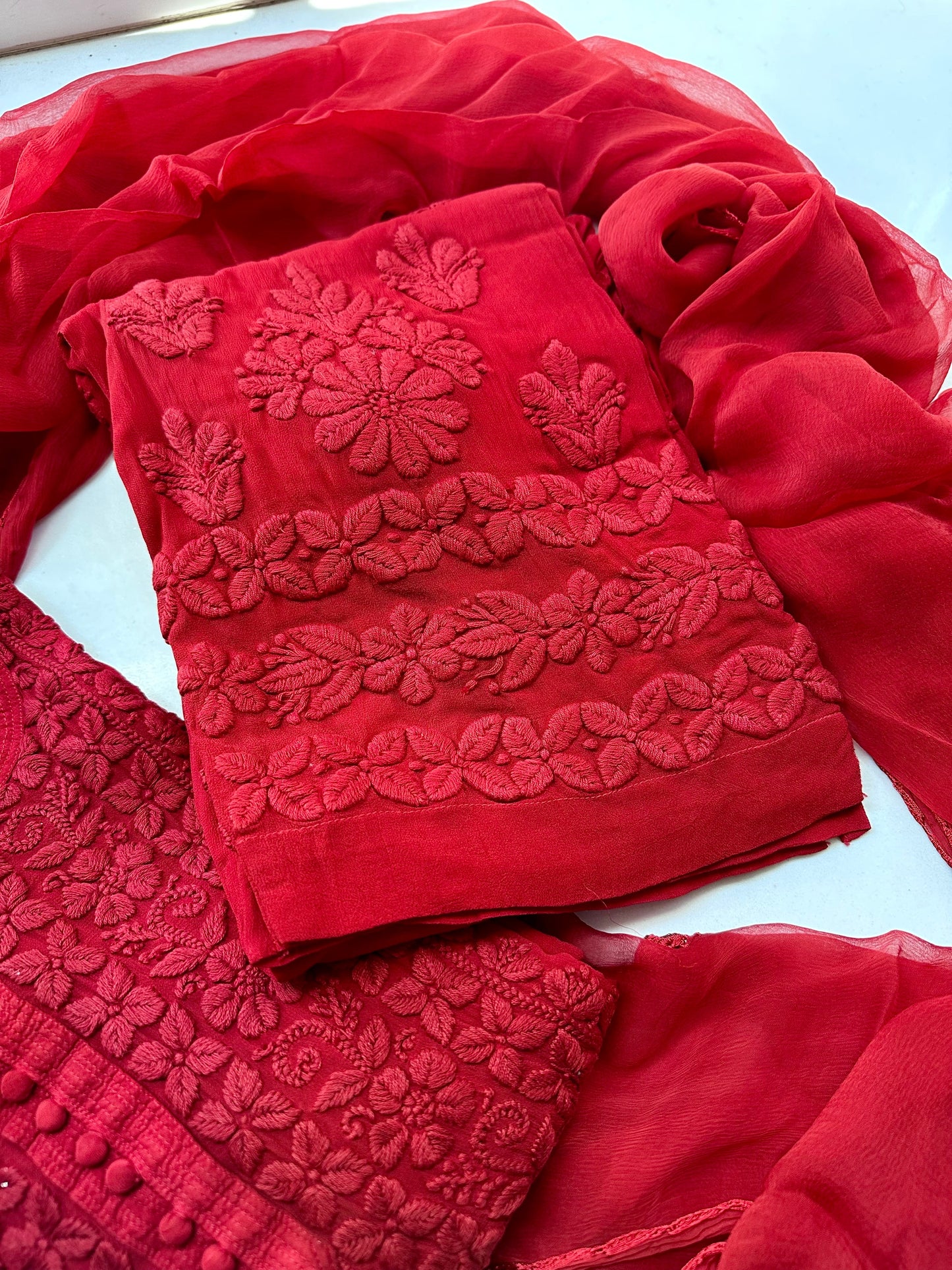 Noor Red Premium Chikankari Kurta/ Coord/ Suit