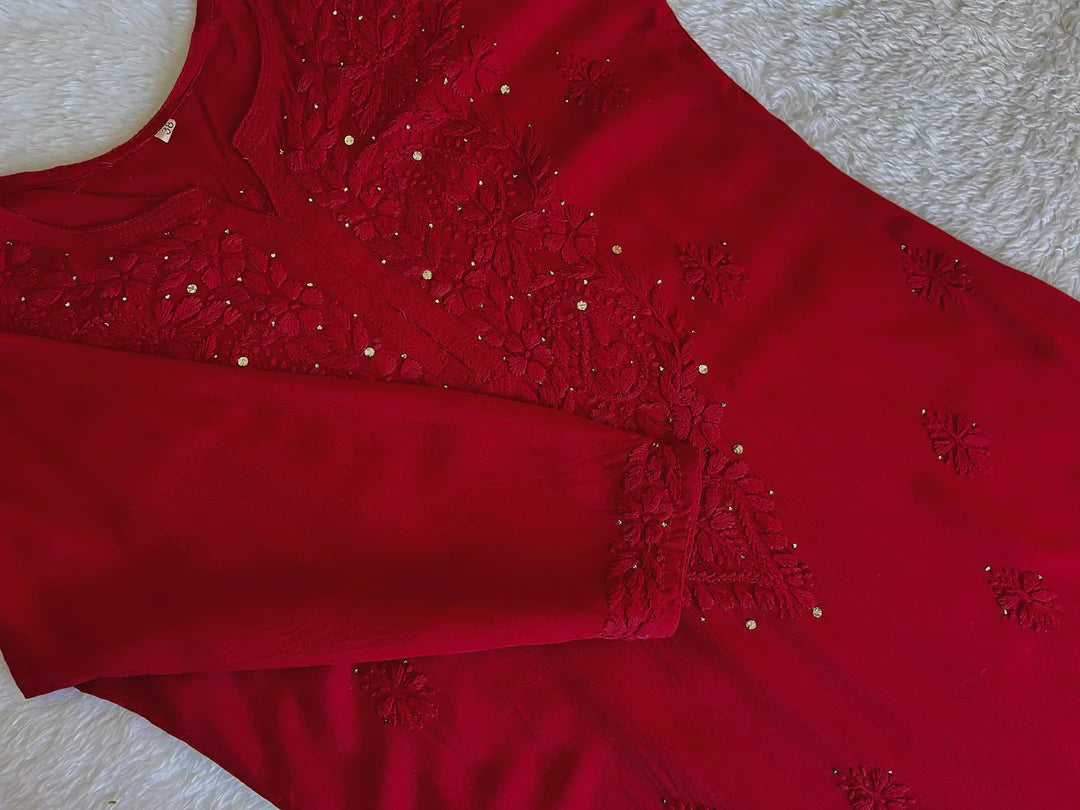 Red Mukaish Chikankari Kurta