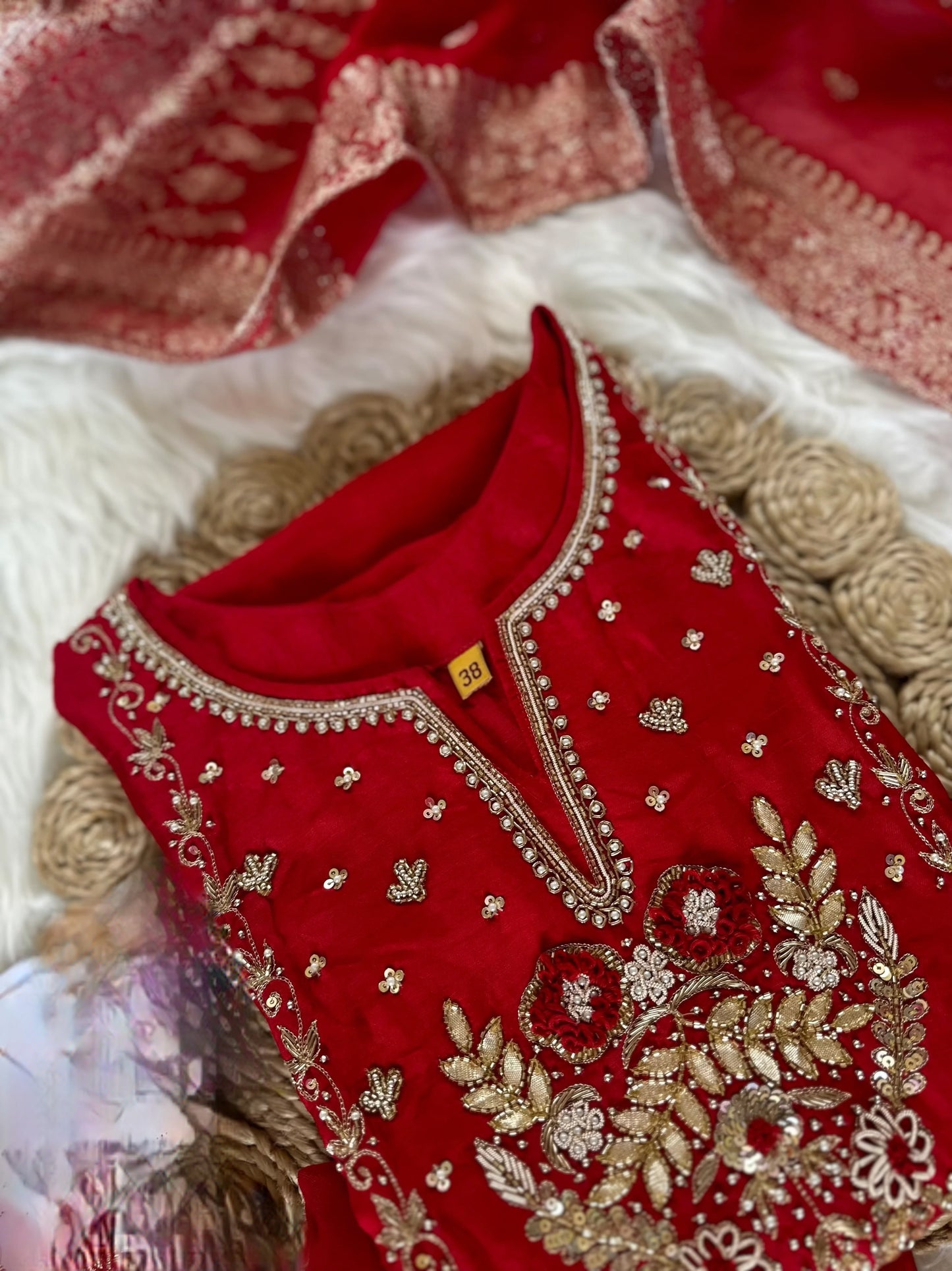 Red Handwork Silk Suit