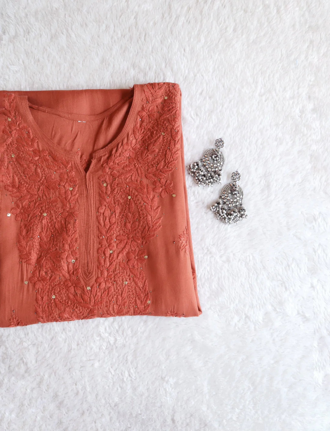 Rust Mukaish Chikankari Kurta