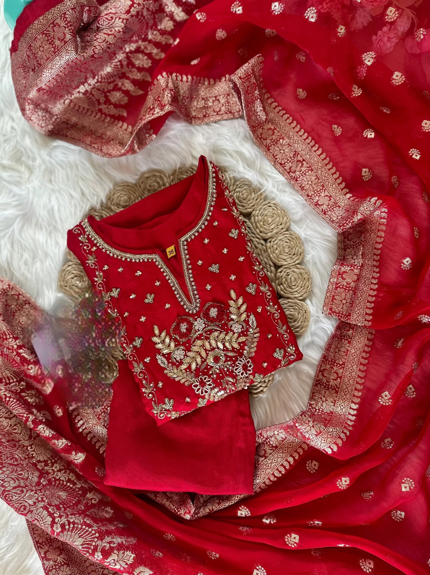 Red Handwork Silk Suit