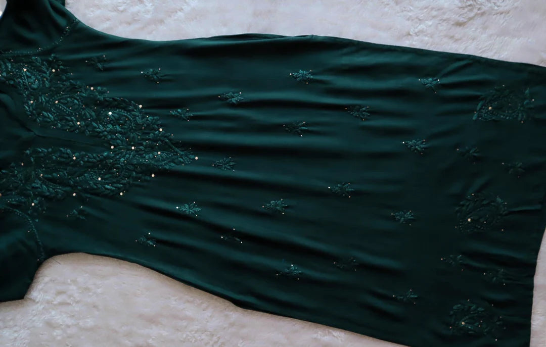 Bottle Green Mukaish Chikankari Kurta