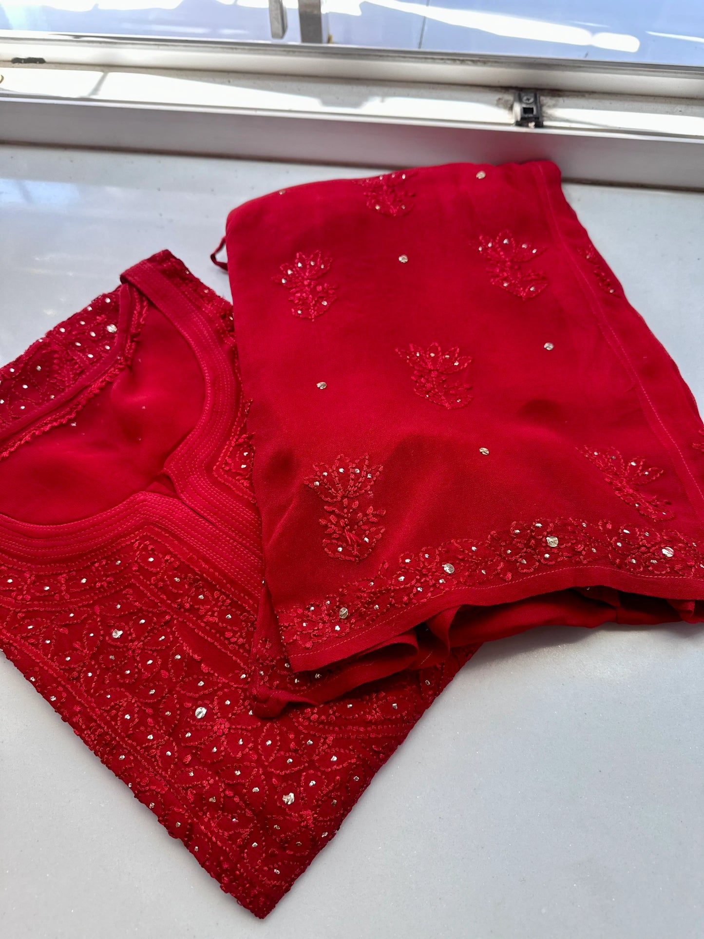 Red Premium Chikankari Mukaish Kurta/ Coord/ Full suit