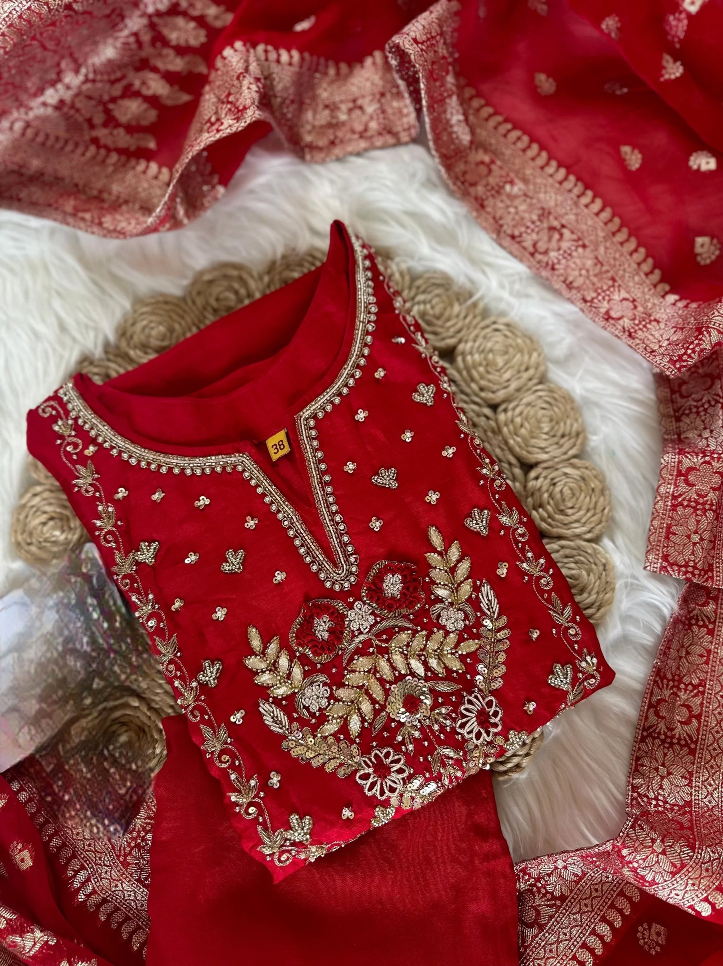 Red Handwork Silk Suit