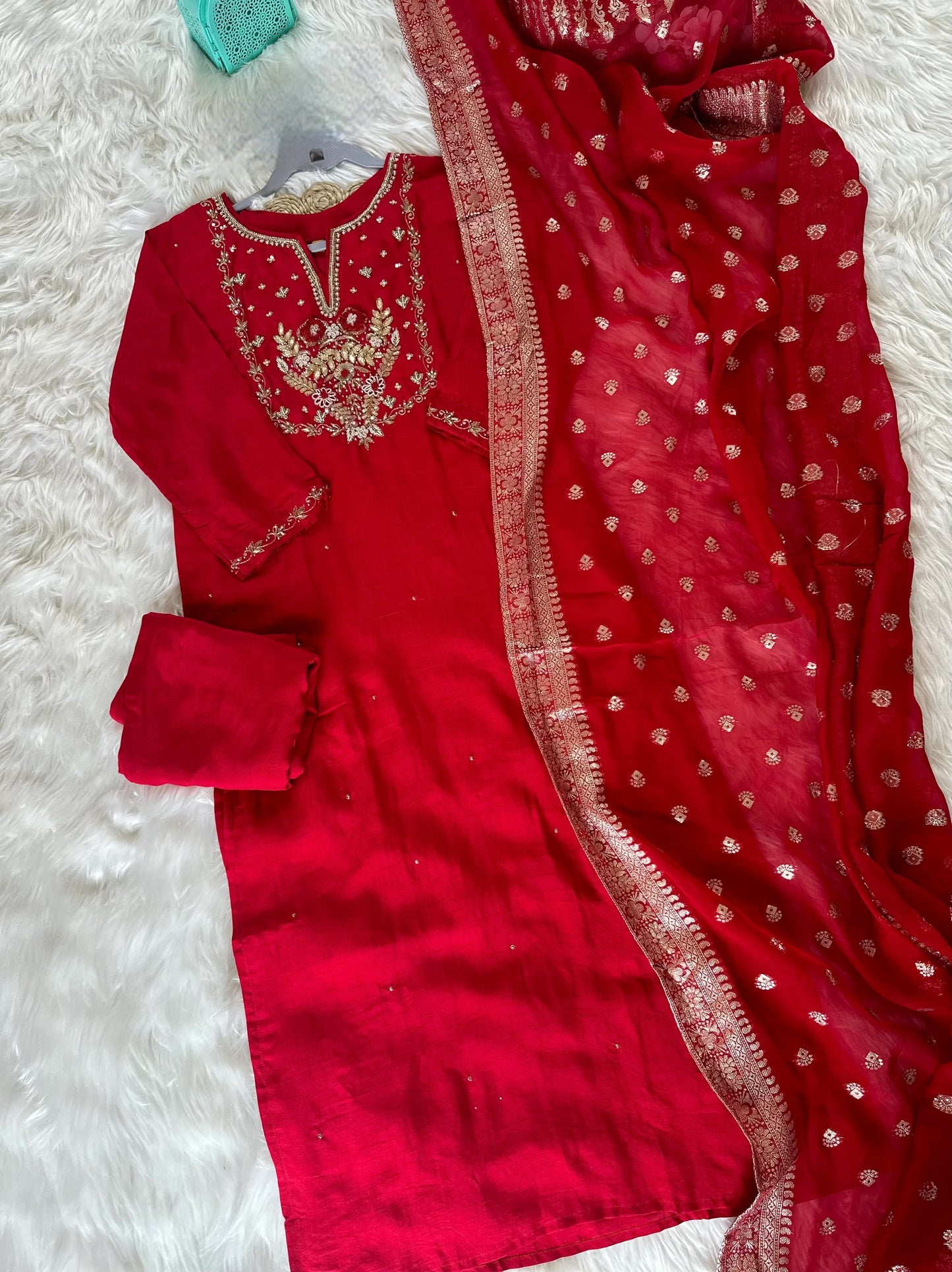 Red Handwork Silk Suit