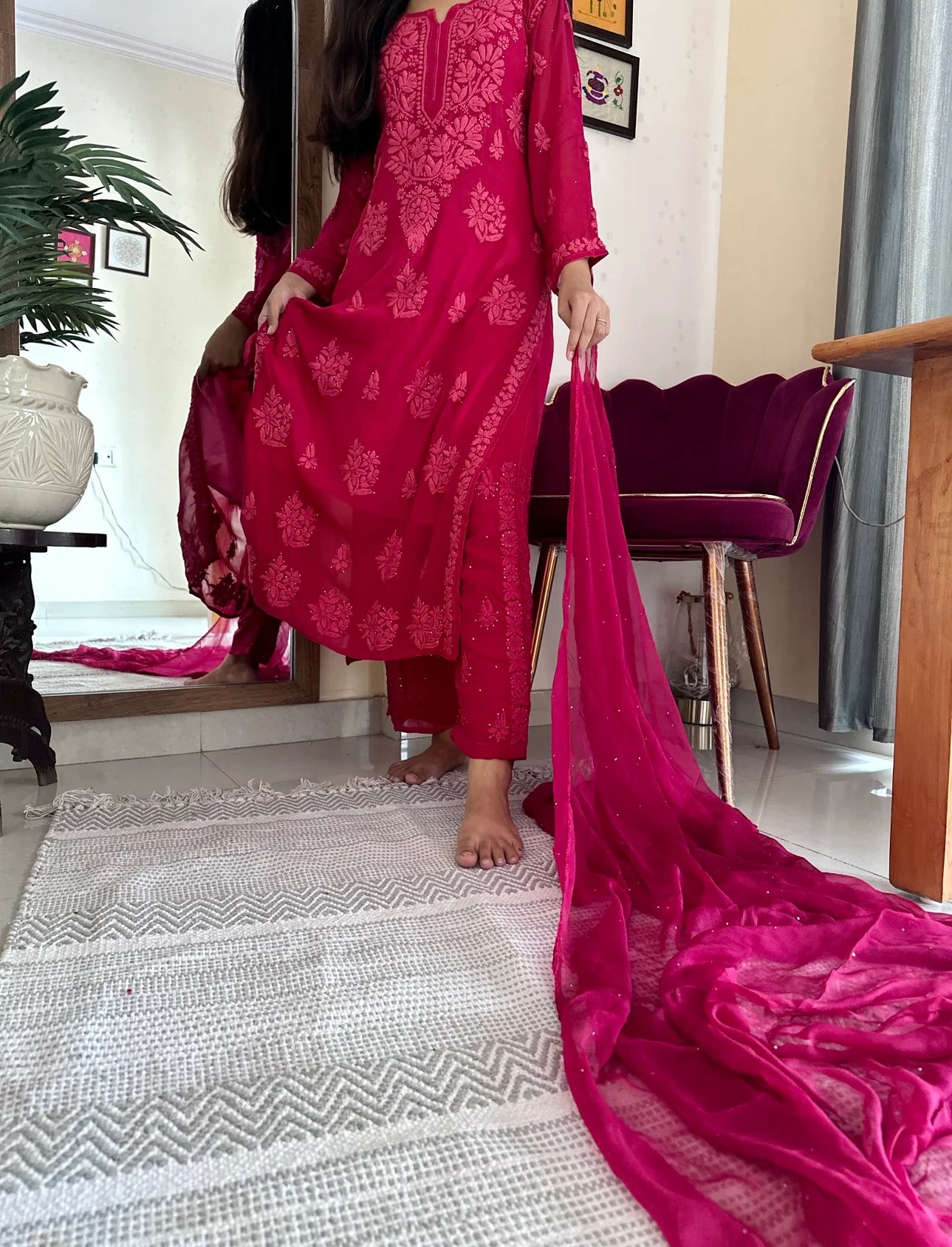 Magenta 3D Chikankari Kurta