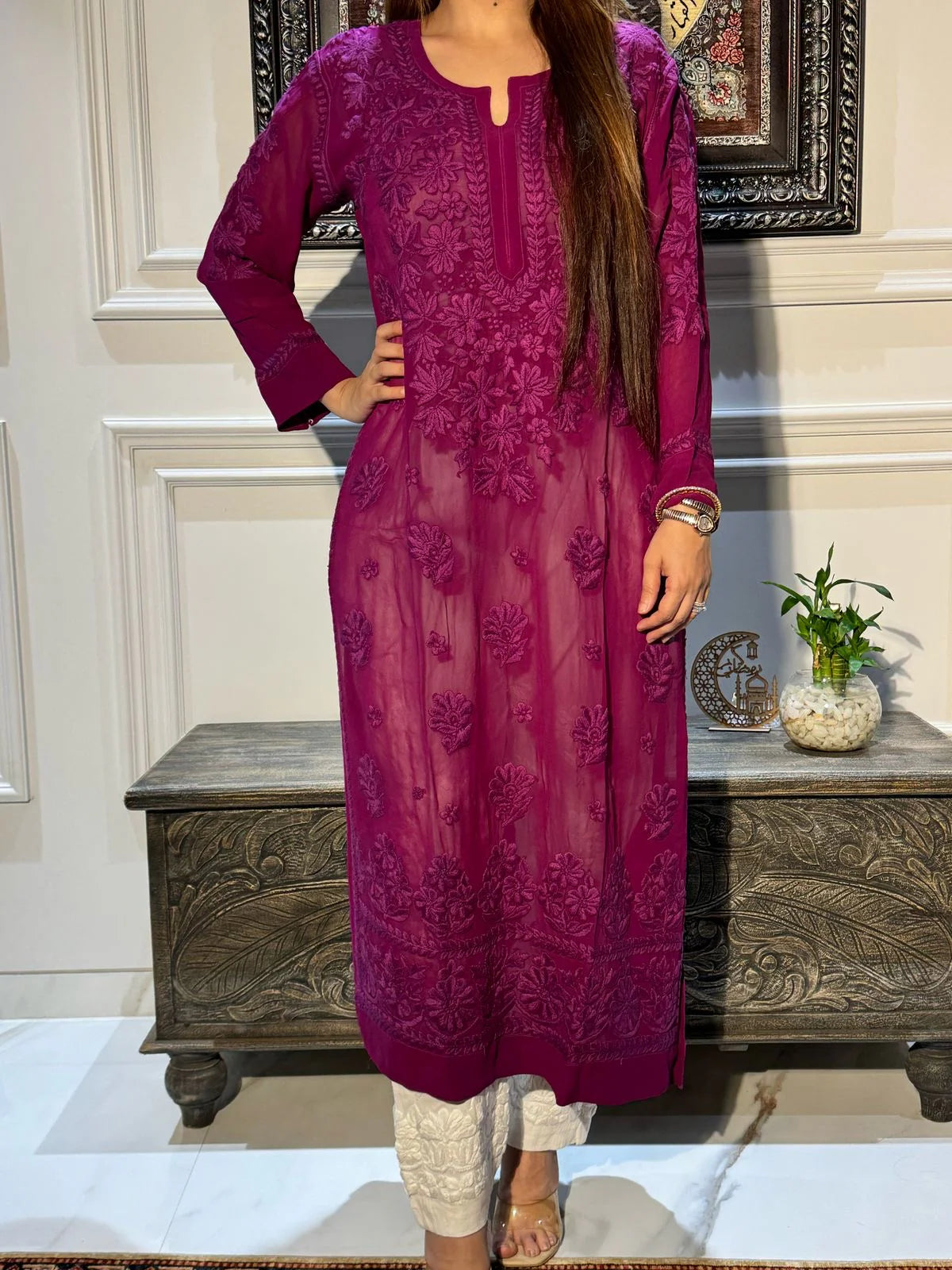 Pure Viscose Georgette 3D Chikankari Kurti