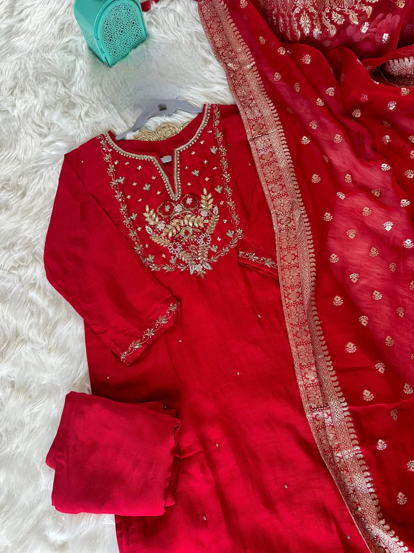 Red Handwork Silk Suit