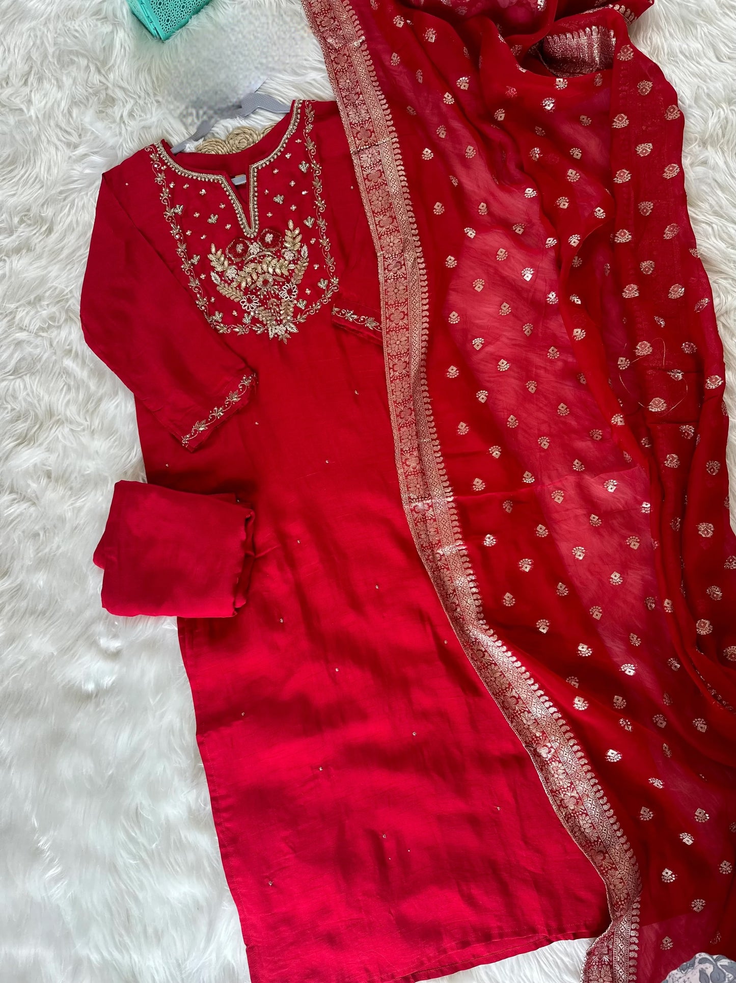 Red Handwork Silk Suit