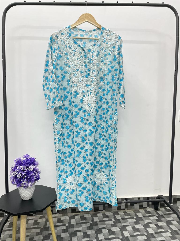 Chikankari Mul Mul Mini Print Kurta